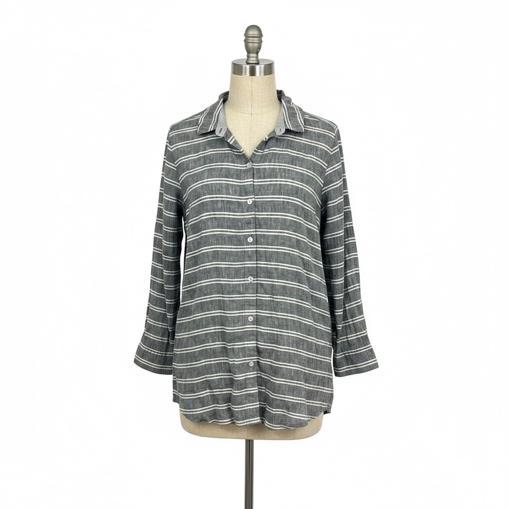 Habitat Linen Striped Button Down Shirt Grey White Medium